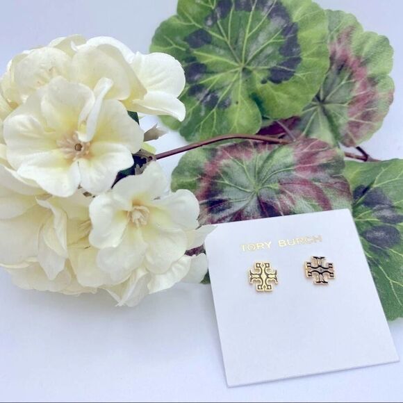 NWOT Tory Burch Gold Logo, Black Outline Kira Stud Earrings - Picture 6 of 11